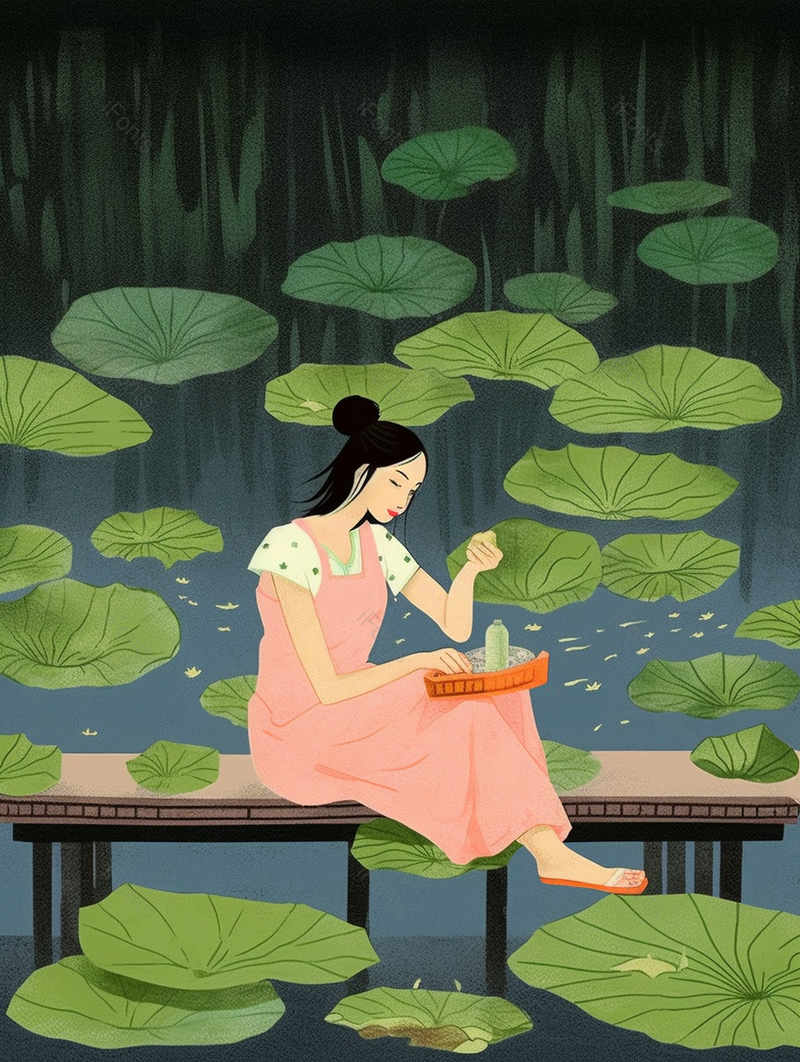 绿色深夜在池塘边休息的女孩背景插画,插画/手绘图,插画/手绘图库,插画/手绘图下载,插画/手绘